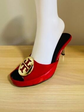 Tory Burch Suede and Leather Peep Toed Mules Size 10